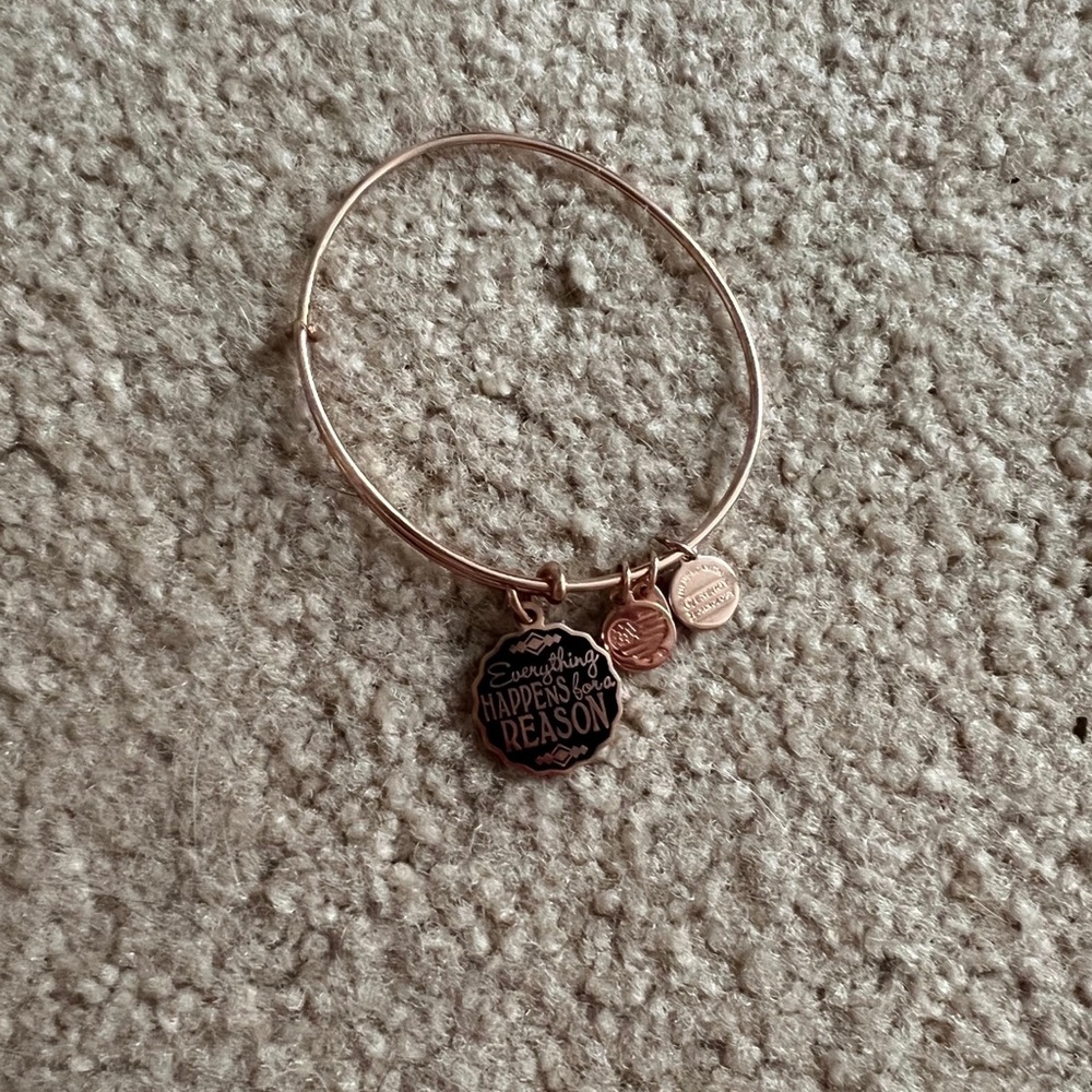 Rose gold alex and ani bangle says everything happens for a reason